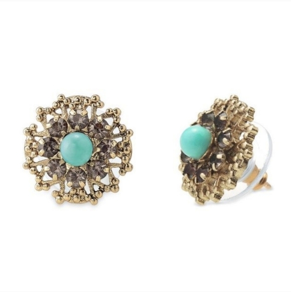 Stella & Dot Marchesa Earrings Large Art Deco Studs Torquoise & Gold Earrings - Picture 7 of 8